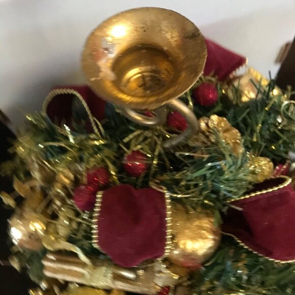 Festive Gold & Burgundy Christmas Candle Holder Centerpiece Decoration 11" tall - Picture 2 of 8